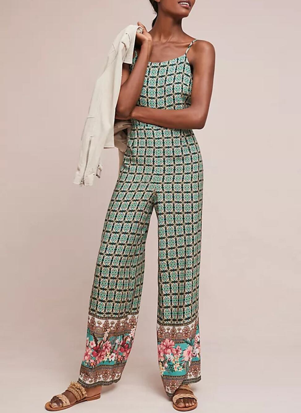 Farm Rio Green Floral Print Honolulu Wide Leg Pant Jumpsuit XS Anthropologie
